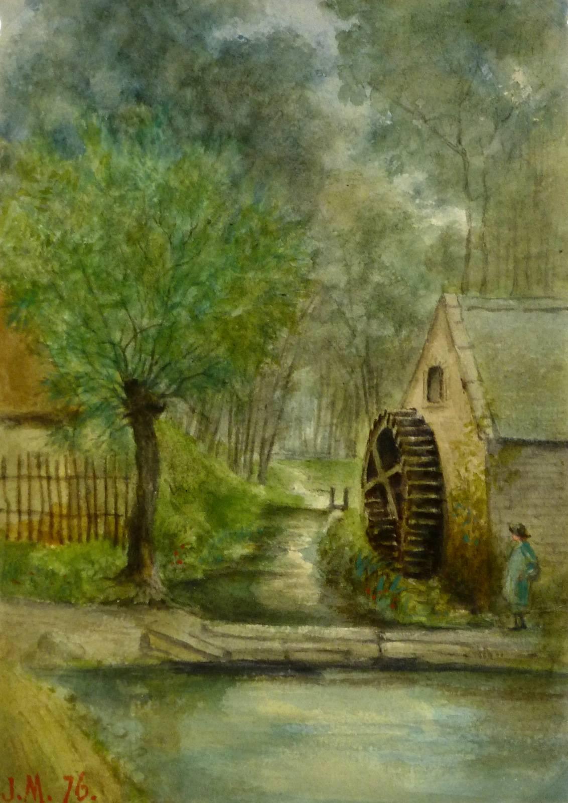 Unknown Landscape Art - Antique Landscape Watercolor - Mill House Water Wheel