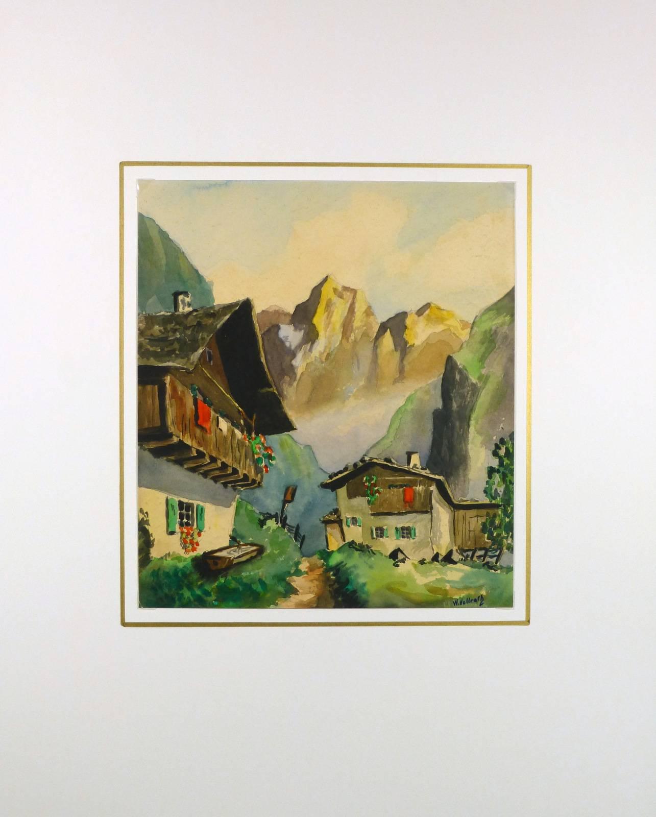 Lovely gouache painting of alpine chalets by German artist W. Vollroth, c. 1950. Signed lower right.  

Original artwork on paper displayed on a white mat with a gold border. Mat fits a standard-size frame.  Archival plastic sleeve and Certificate