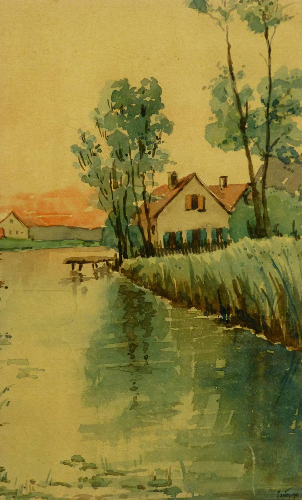 French Watercolor - Warmly Lit House on Waterfront - Art by Unknown