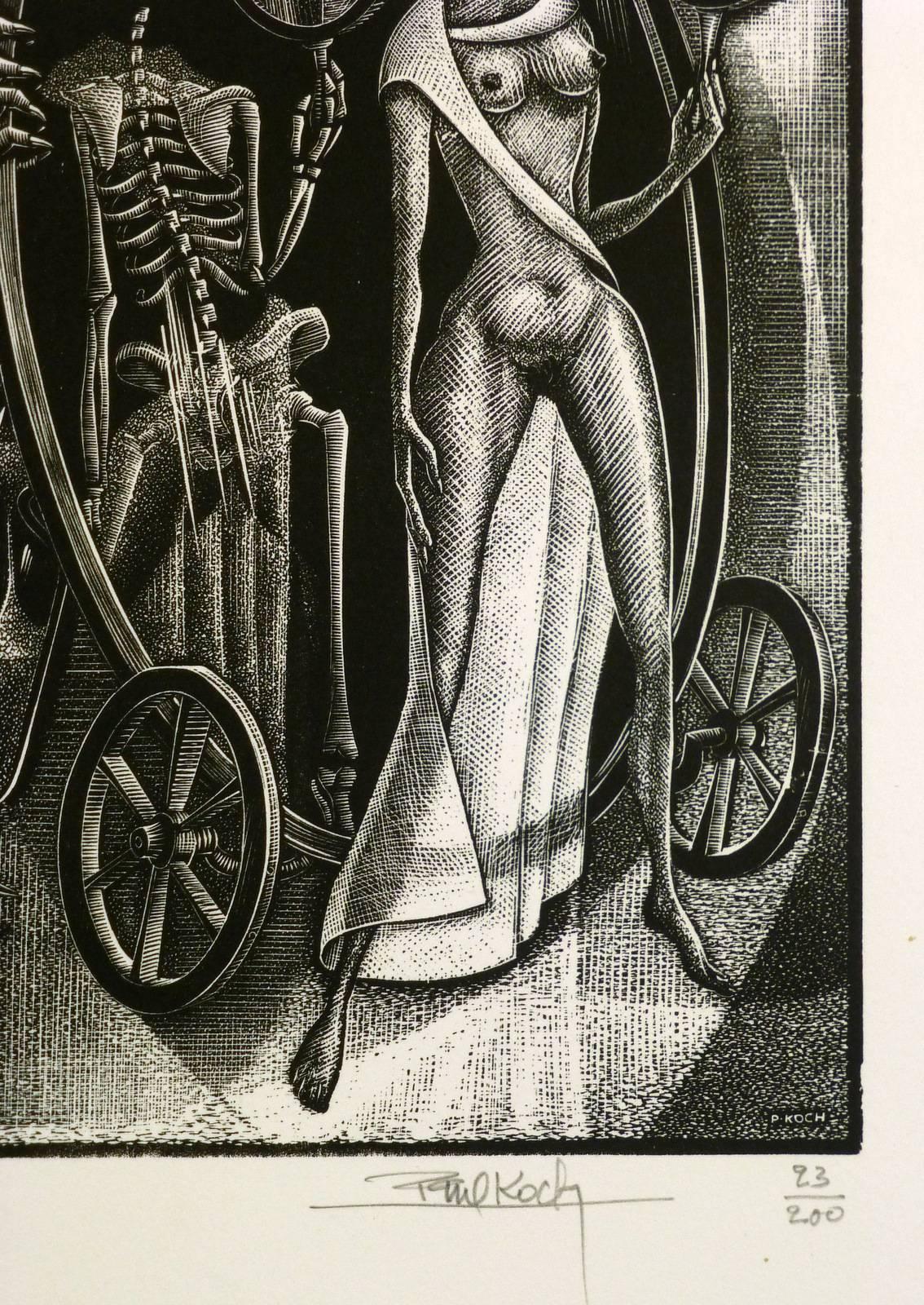 Female Figure and Skeletal Woodcut - Print by Paul Koch