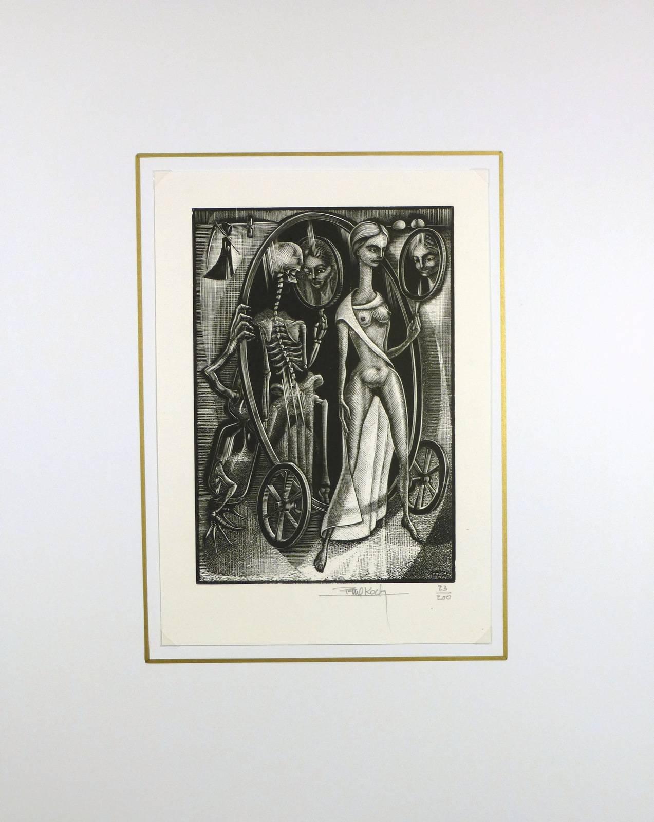Female Figure and Skeletal Woodcut - Beige Figurative Print by Paul Koch