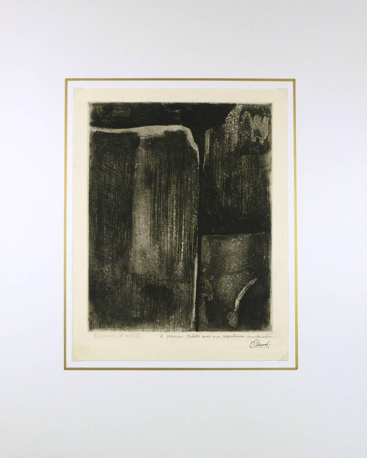Dynamic black toned abstract etching artist proof by French artist D. Mons, circa 1990. Signed lower right.  

Original artwork on paper displayed on a white mat with a gold border. Mat fits a standard-size frame.  Archival plastic sleeve and