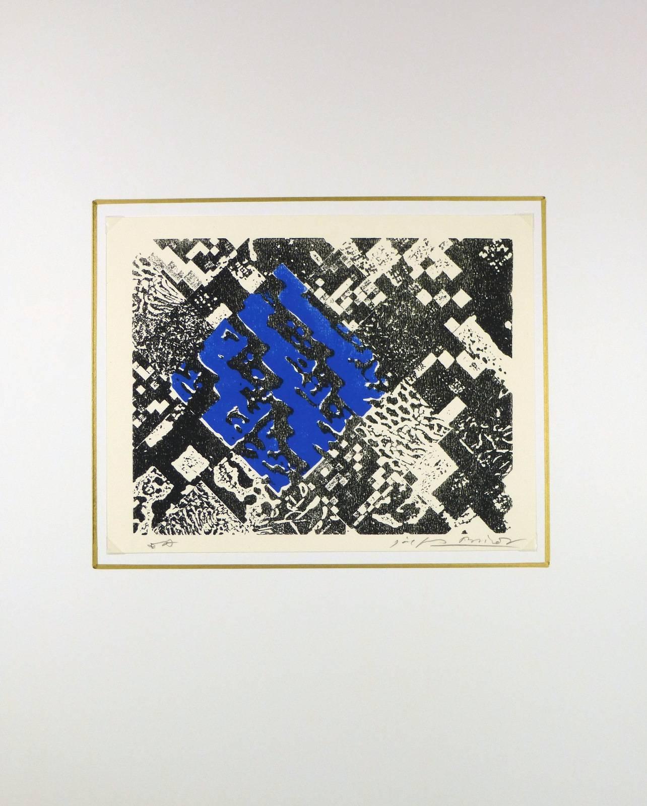 Bold linocut abstract in black and blue, artist proof by French artist Joseph Brisot, circa 1985. Signed lower right.  

Original artwork on paper displayed on a white mat with a gold border. Mat fits a standard-size frame.  Archival plastic sleeve