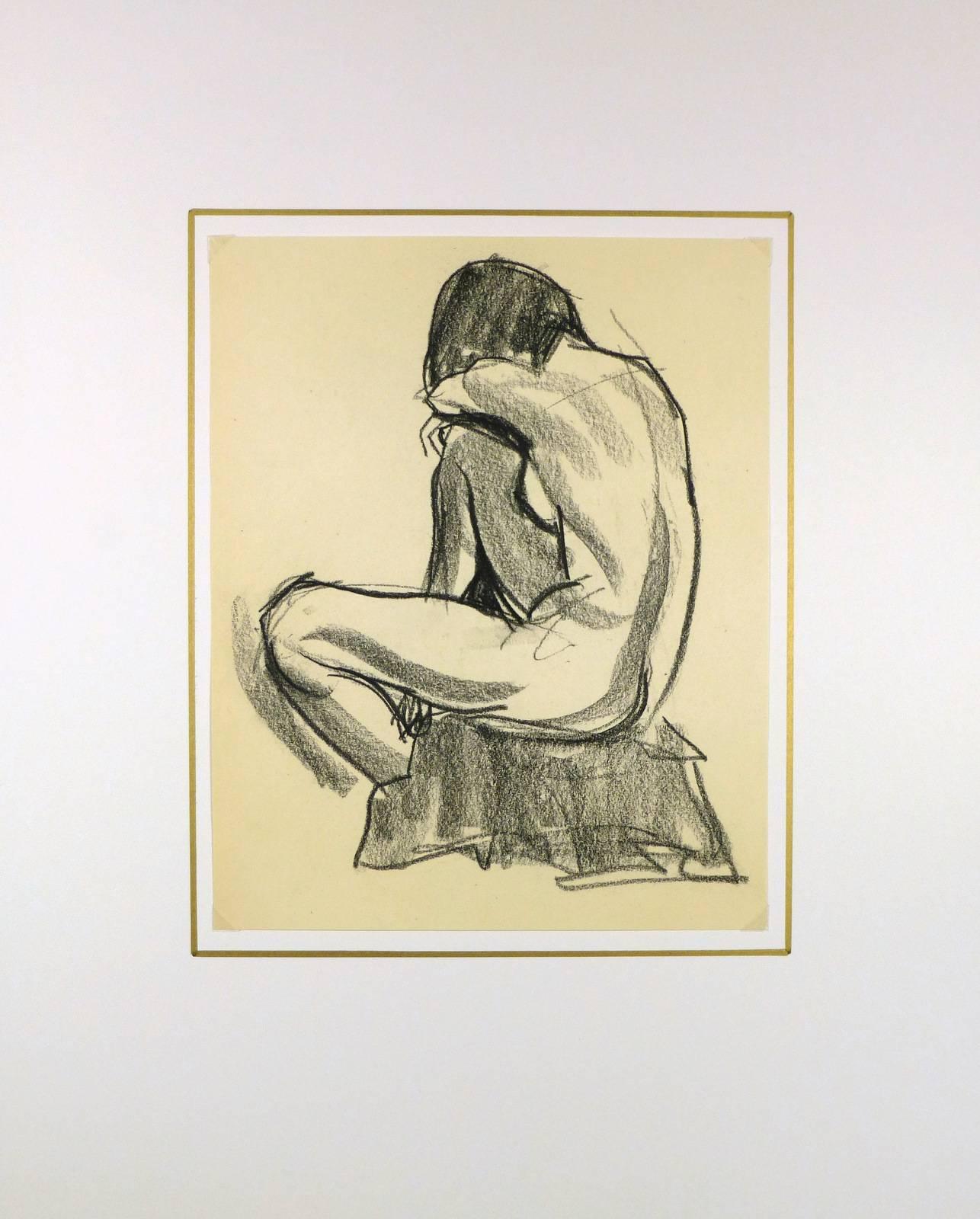 Classic charcoal nude drawing by French artist A. Bourgeau, circa 1930. 

Original artwork on paper displayed on a white mat with a gold border. Mat fits a standard-size frame.  Archival plastic sleeve and Certificate of Authenticity included.