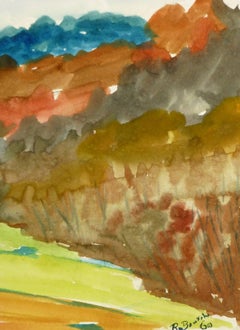 Fall Landscape Watercolor - Green Field with Grey Skies and Autumn Colors