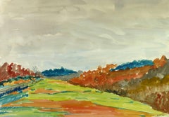 Fall Landscape Watercolor - Green Field with Grey Skies and Autumn Colors 