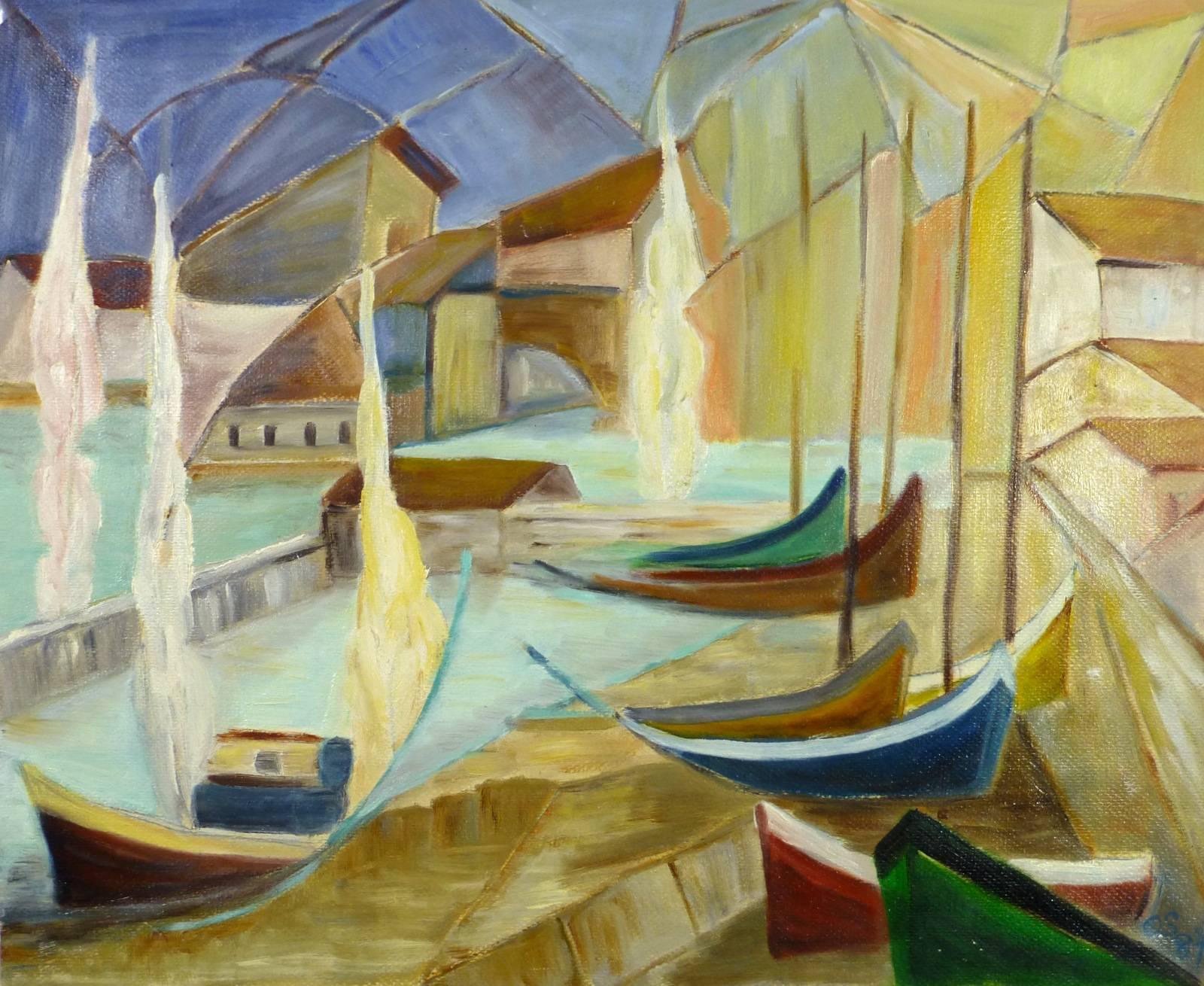 Unknown Landscape Painting - Boats at Dock