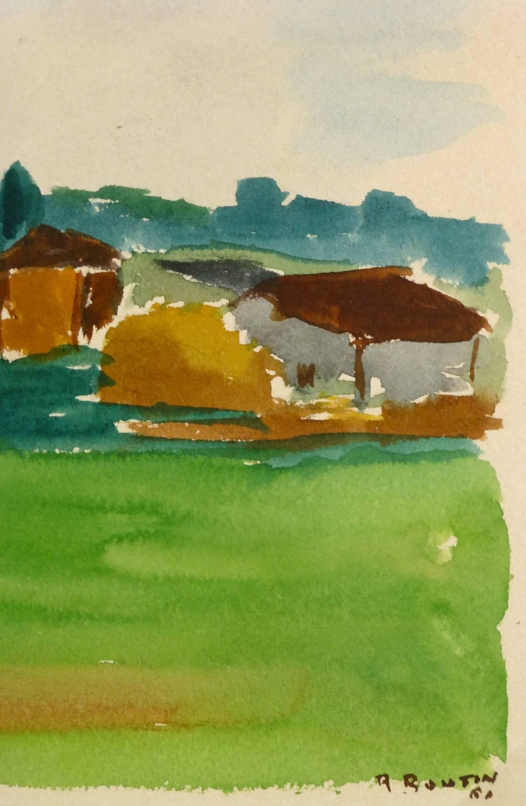 Landscape Watercolor - Green Pasture with Country Homes - Art by Unknown
