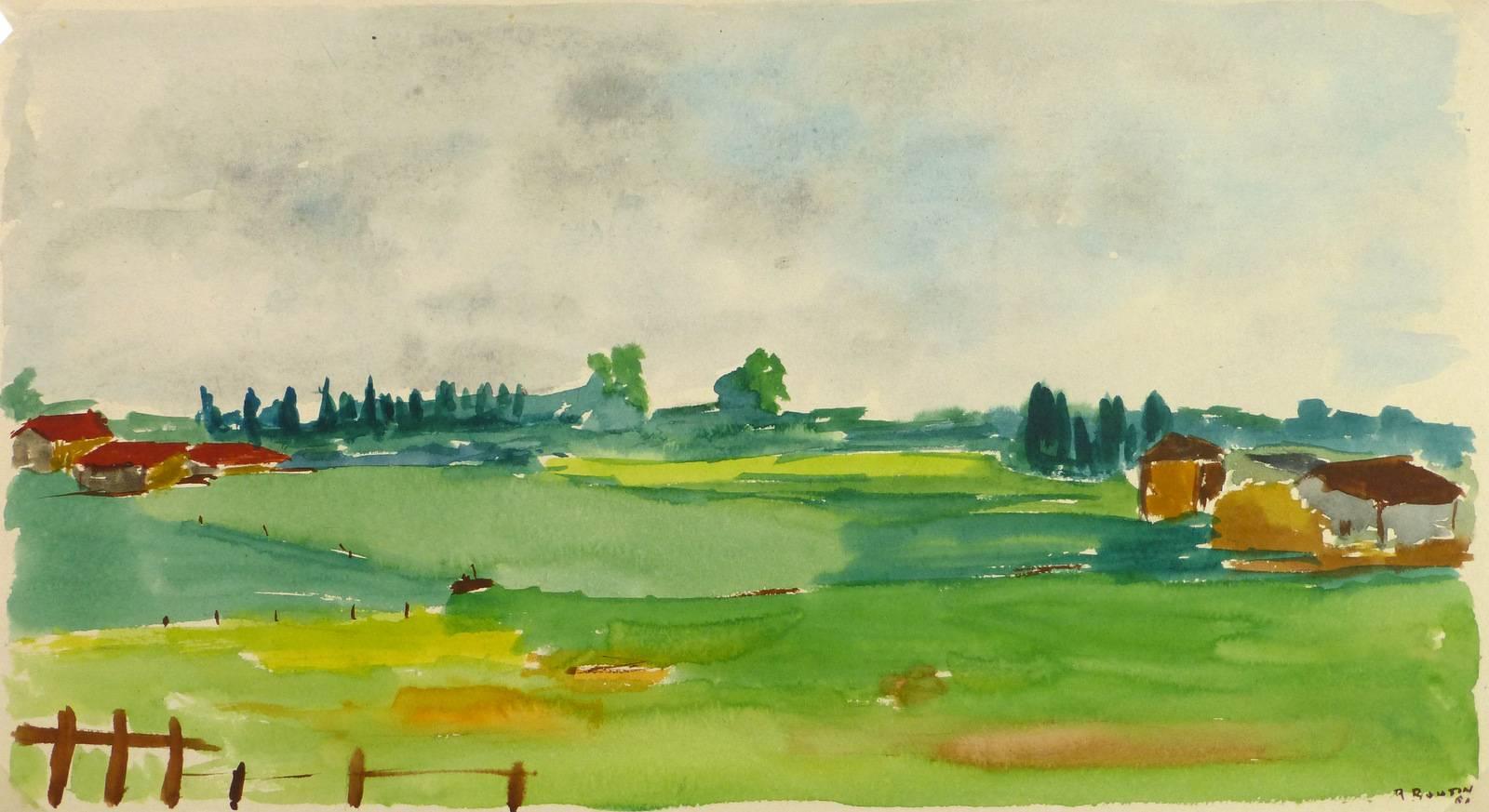 Unknown Landscape Art - Landscape Watercolor - Green Pasture with Country Homes
