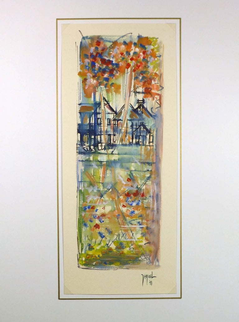 Lovely French acrylic painting of Versailles with beautiful colored flowers in the forefront and blue colored buildings in the background by artist Jaquel, 1971. Signed lower right.  

Original artwork on paper displayed on a white mat with a gold