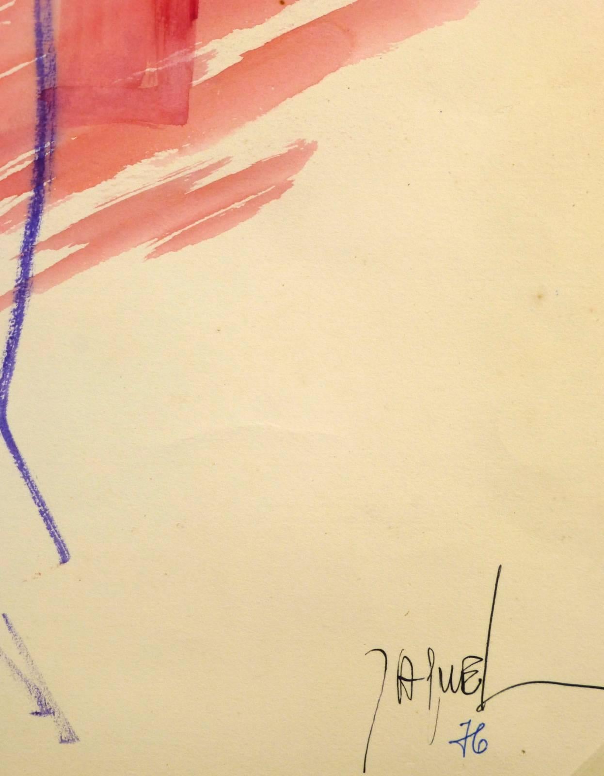 Moderner weiblicher Akt in Rosa und Lila von der französischen Künstlerin Jaquel, 1976. Signiert unten rechts.  

Originalkunstwerk auf Papier auf einem weißen Passepartout mit Goldrand. Die Matte passt in einen Rahmen in Standardgröße.  Inklusive