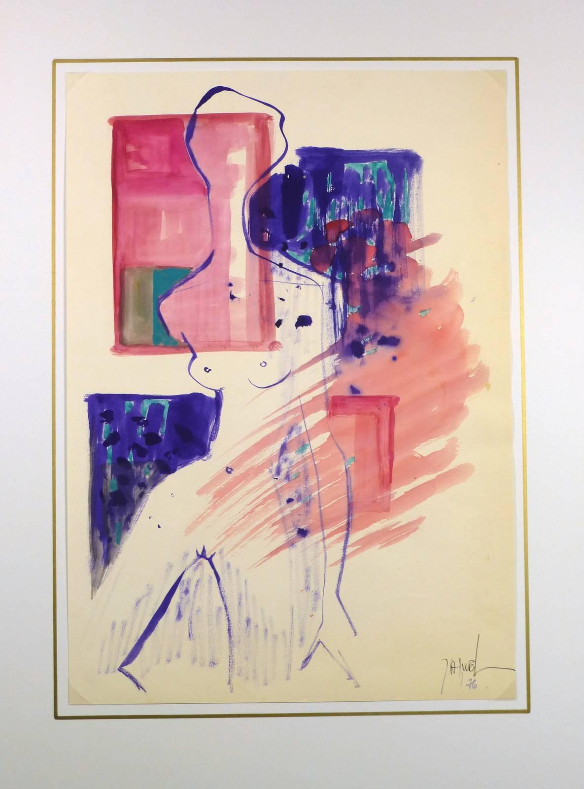 Modern female nude in pink and purple by French artist Jaquel, 1976. Signed lower right.  

Original artwork on paper displayed on a white mat with a gold border. Mat fits a standard-size frame.  Archival plastic sleeve and Certificate of