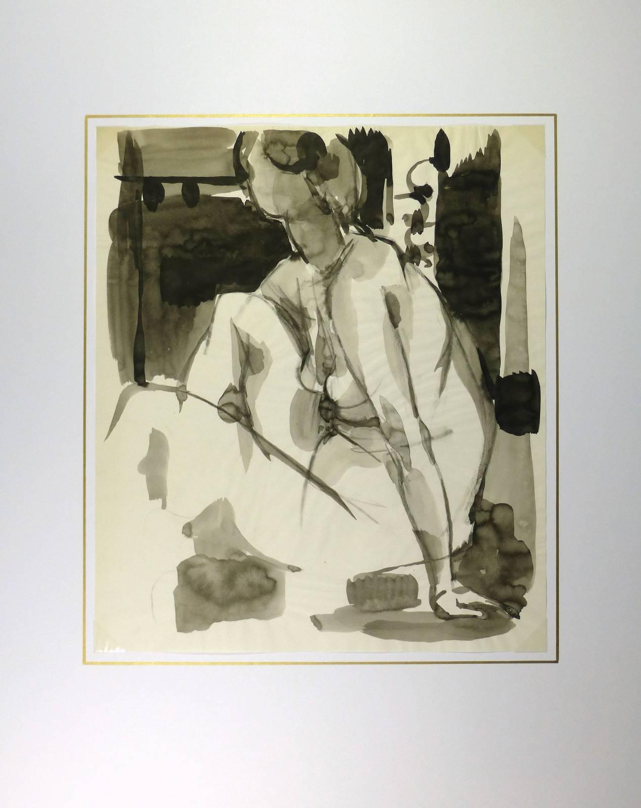 Dynamic French ink wash of seated female nude figure, circa 1950. 

Original artwork on paper displayed on a white mat with a gold border. Mat fits a standard-size frame.  Archival plastic sleeve and Certificate of Authenticity included. Artwork,
