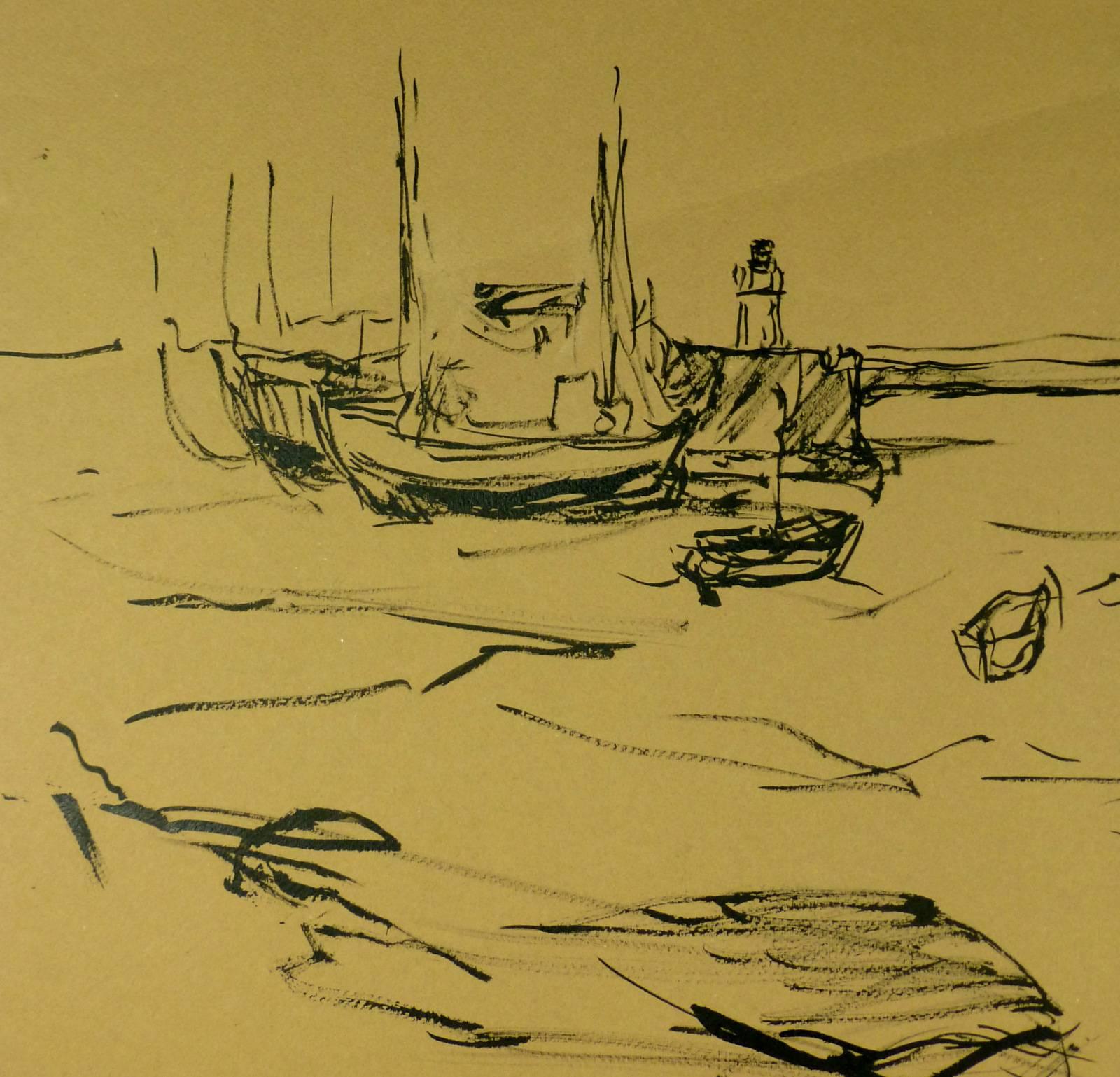 Vintage Ink Wash Drawing - Fishing Boats and Lighthouse - Art by Jean-Baptiste Grancher