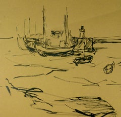 Vintage Ink Wash Drawing - Fishing Boats and Lighthouse