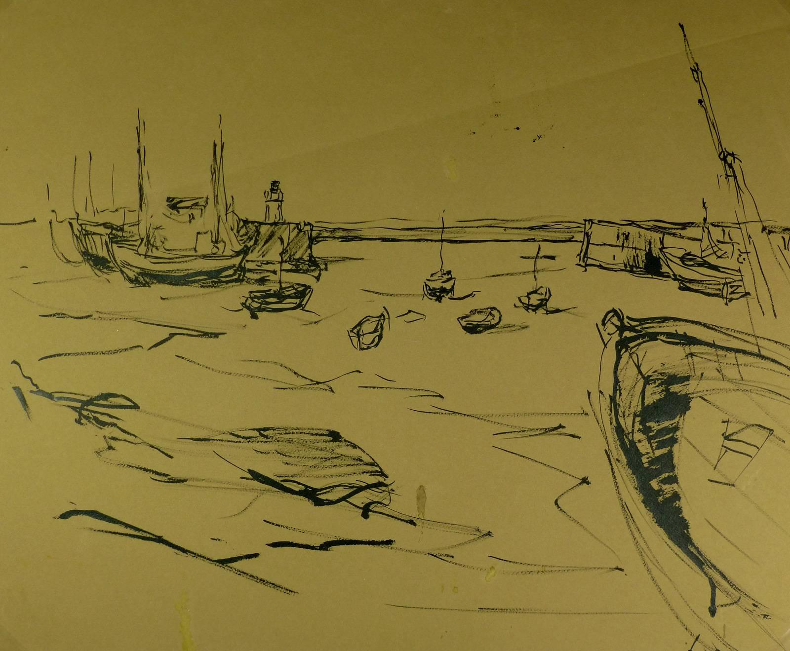 Jean-Baptiste Grancher Landscape Art - Vintage Ink Wash Drawing - Fishing Boats and Lighthouse
