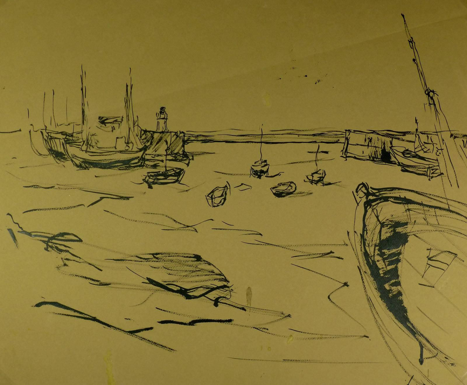 Landscape Art di Jean-Baptiste Grancher - Disegno vintage con lavaggio a inchiostro - Barche da pesca e faro