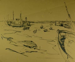 Vintage Ink Wash Drawing - Fishing Boats and Lighthouse