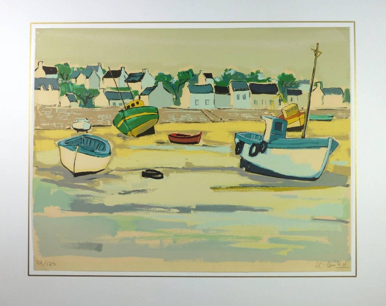 French lithograph of boats at low tide by artist Jean Claude Quilici, circa 1960. Signed lower right. 37/175 

Original artwork on paper displayed on a white mat with a gold border. Mat fits a standard-size frame.  Archival plastic sleeve and