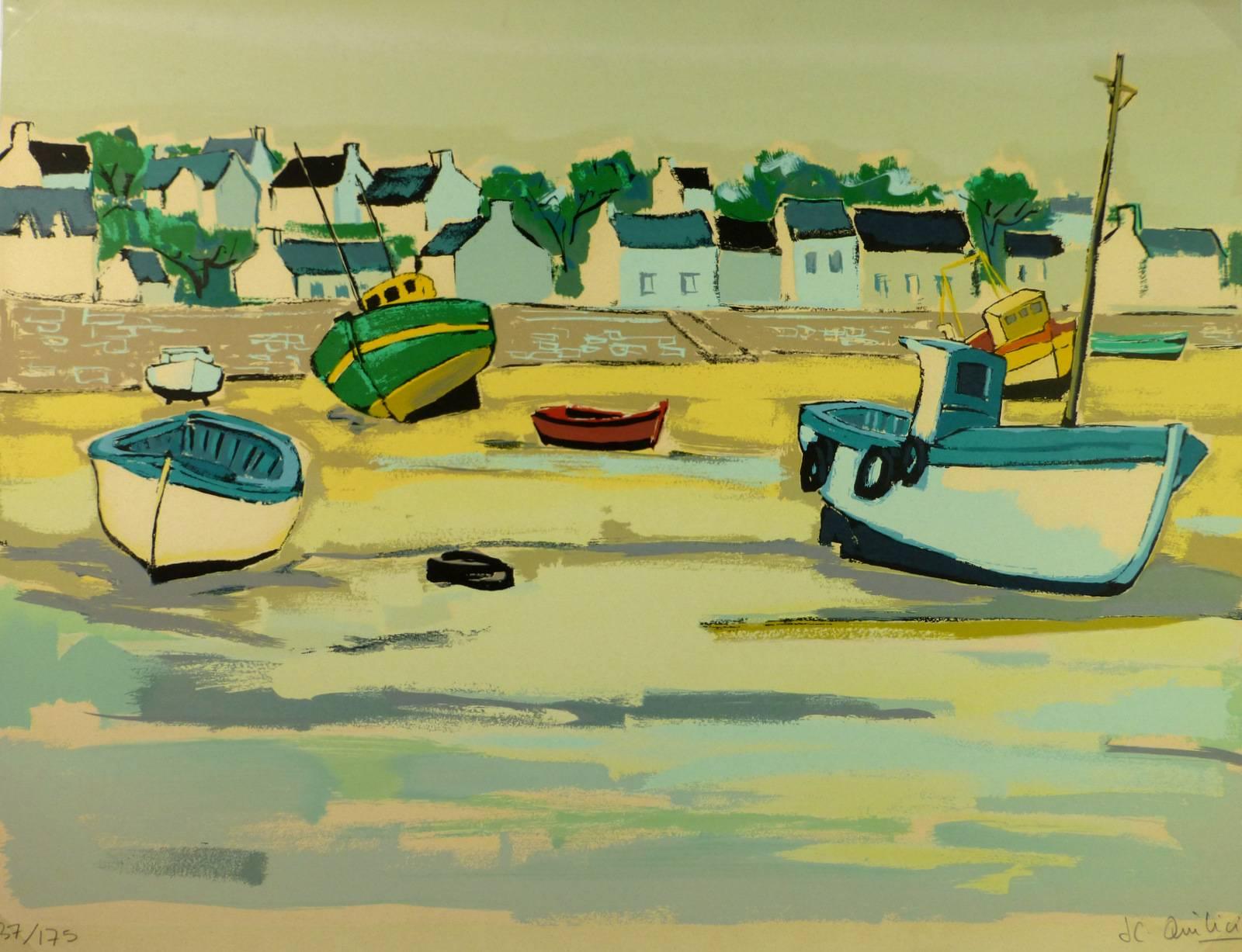 Jean-Claude Quilici Landscape Print - Beached Sailboats