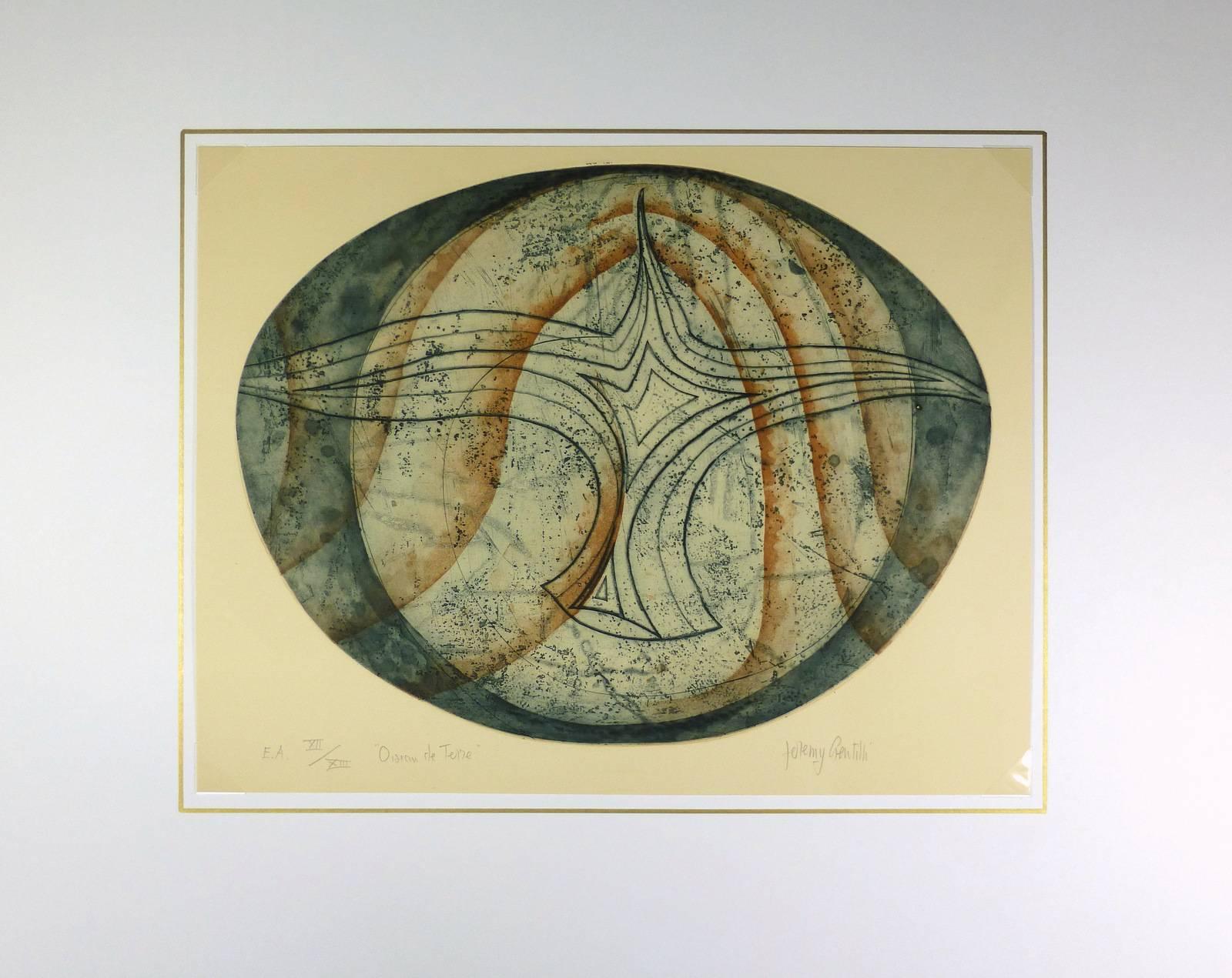 Beautifully detailed abstract etching artist proof by French artist Oiseau de Terre, circa 1990. Signed lower right.  

Original artwork on paper displayed on a white mat with a gold border. Mat fits a standard-size frame.  Archival plastic sleeve