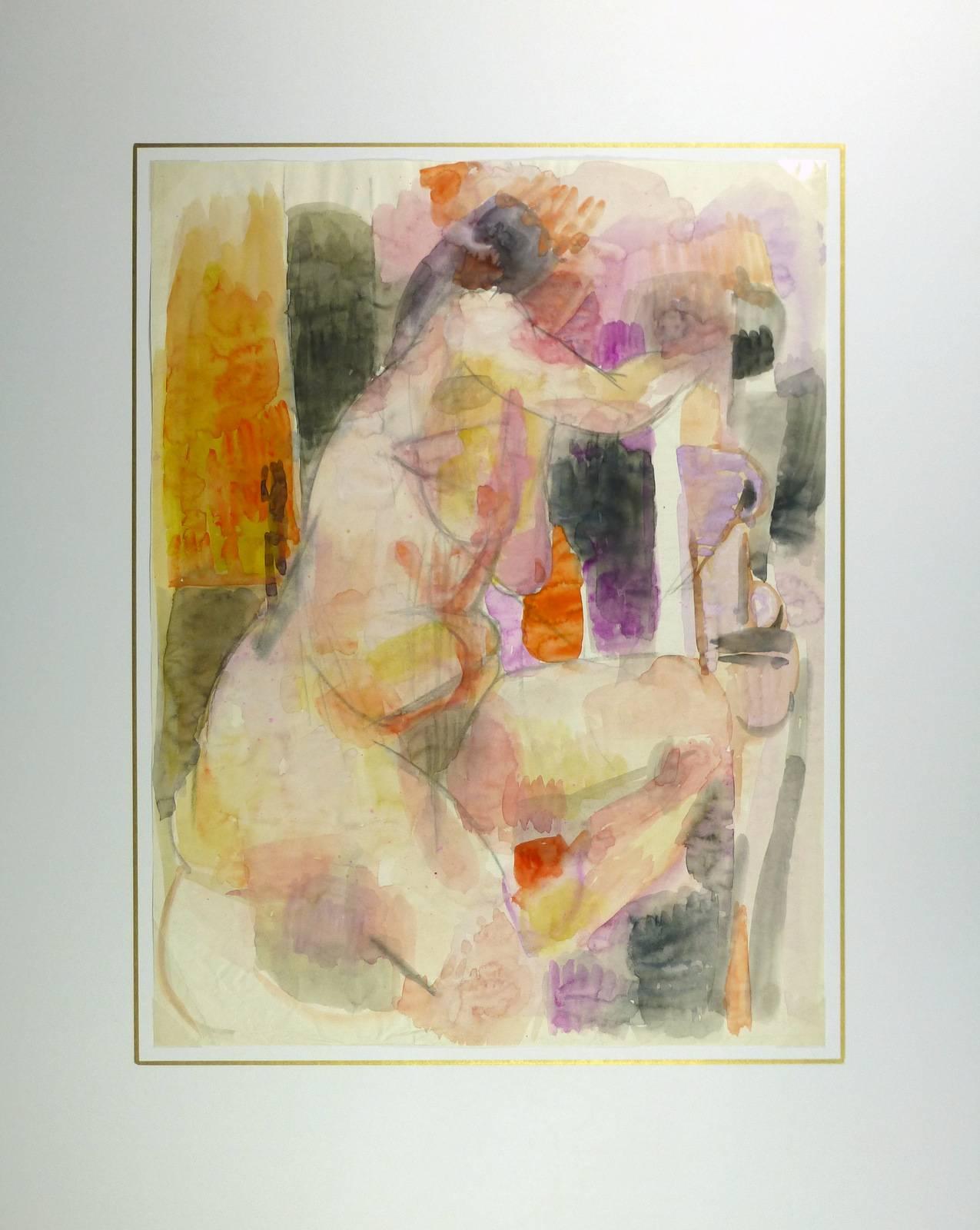 French watercolor painting of nude figure, circa 1990. 

Original artwork on paper displayed on a white mat with a gold border. Mat fits a standard-size frame.  Archival plastic sleeve and Certificate of Authenticity included. Artwork, 16”L x 21”H;