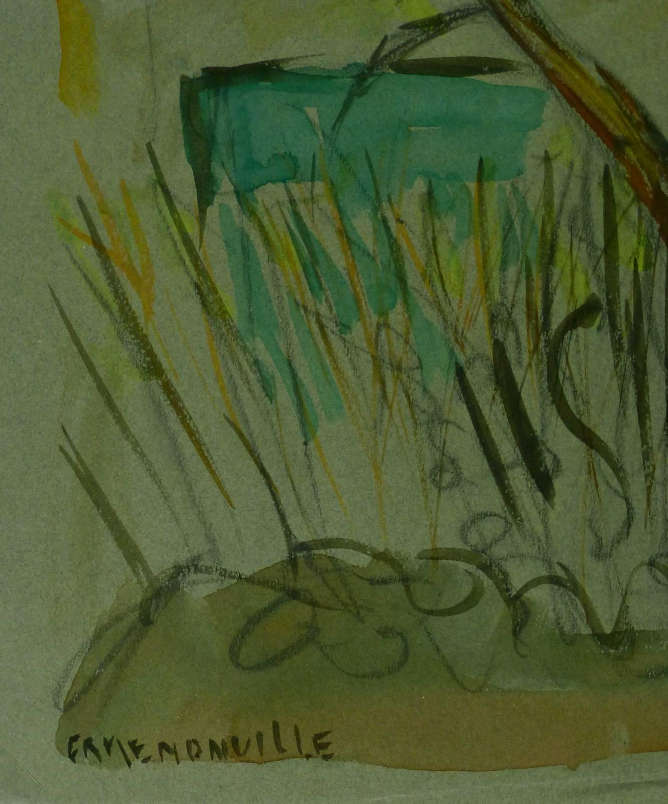 Paesaggio ad acquerello - Albero solitario di fronte alla casa - Painting di Unknown
