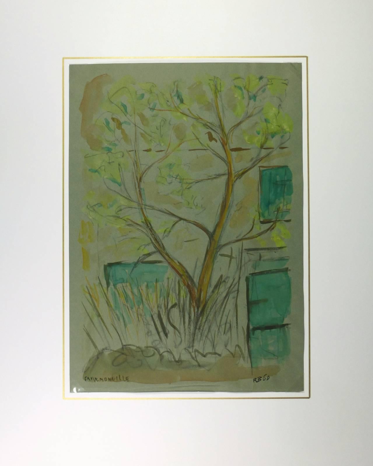 Albero solitario dipinto a guazzo con colori verde chiaro e porte dipinte di verde acqua su carta grigia dall'artista francese RB, 1960. Firmato e datato in basso a destra.  

Opera d'arte originale su carta esposta su un tappetino bianco con bordo