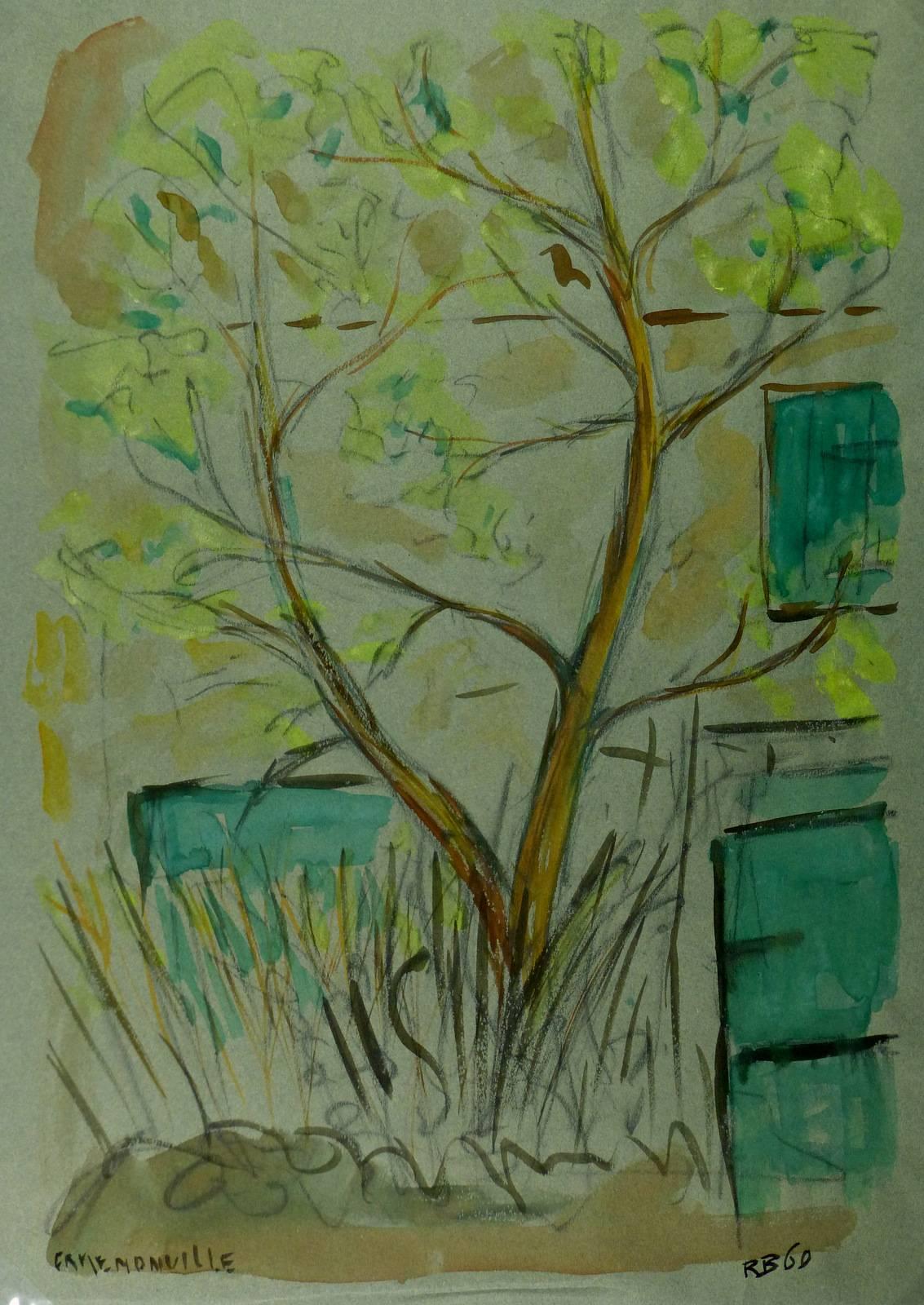 Watercolor Landscape - Lone Tree in Front of House