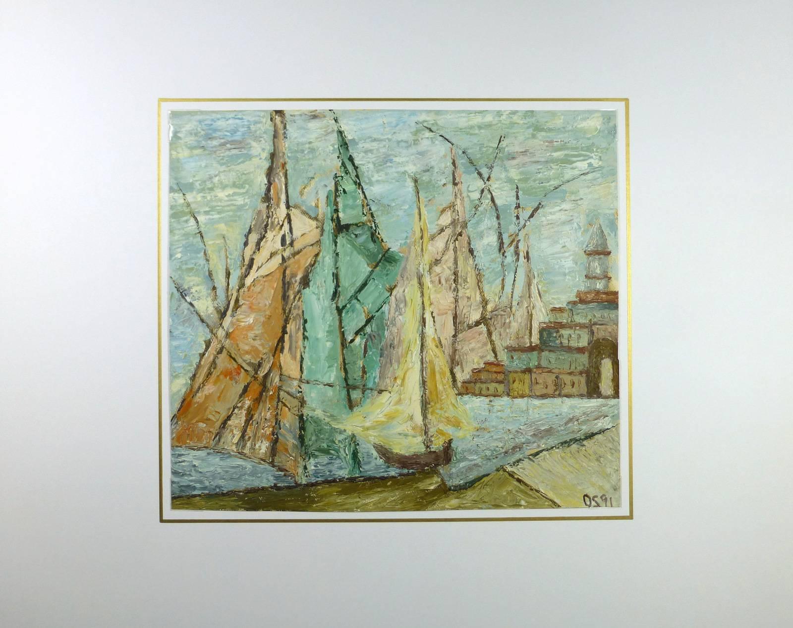 Sailboats - Gray Landscape Painting by Unknown