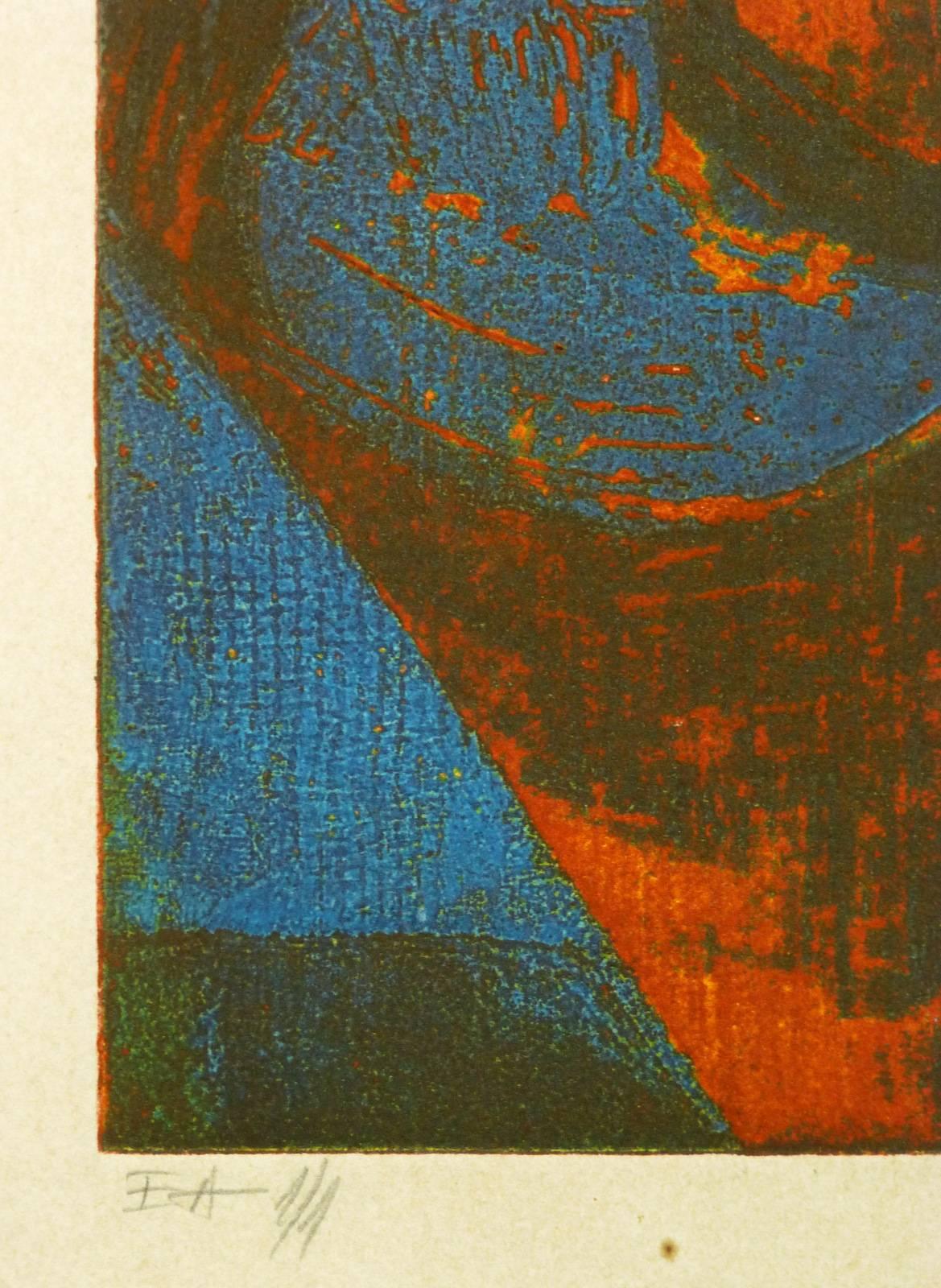 Gravure abstraite bleue et rouge - Marron Abstract Print par Unknown