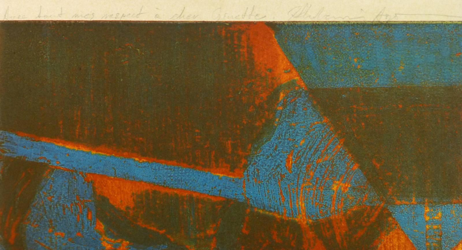 Abstract French etching in blues and reds, circa 1981. Signed lower right.  

Original artwork on paper displayed on a white mat with a gold border. Mat fits a standard-size frame.  Archival plastic sleeve and Certificate of Authenticity included.