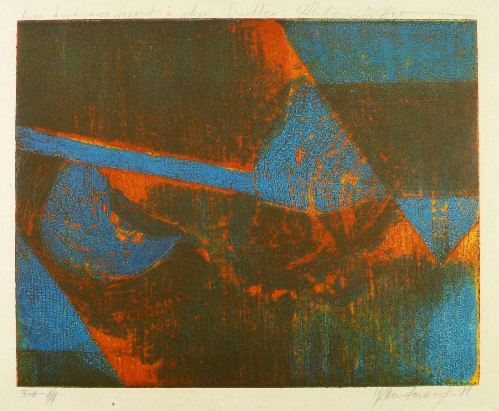 Abstract Print Unknown - Gravure abstraite bleue et rouge