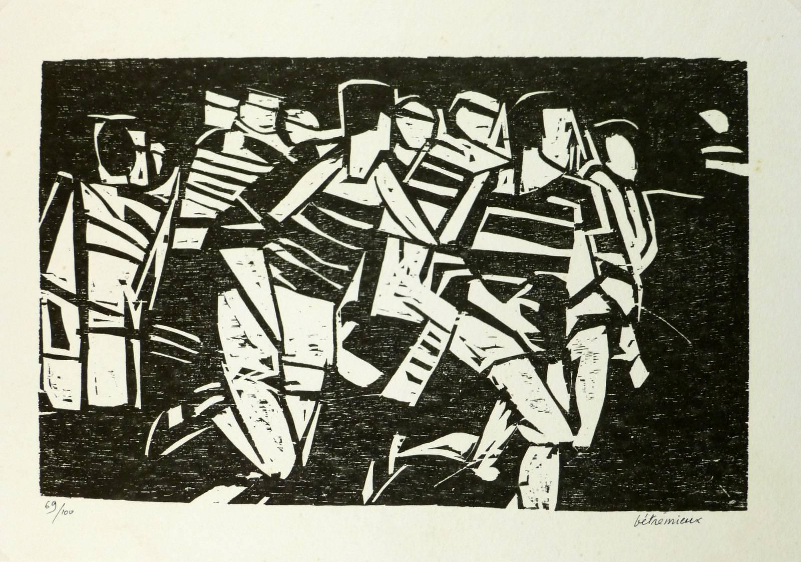  Charles Betremieux Figurative Print - Black and White Lithograph of Rugby Game