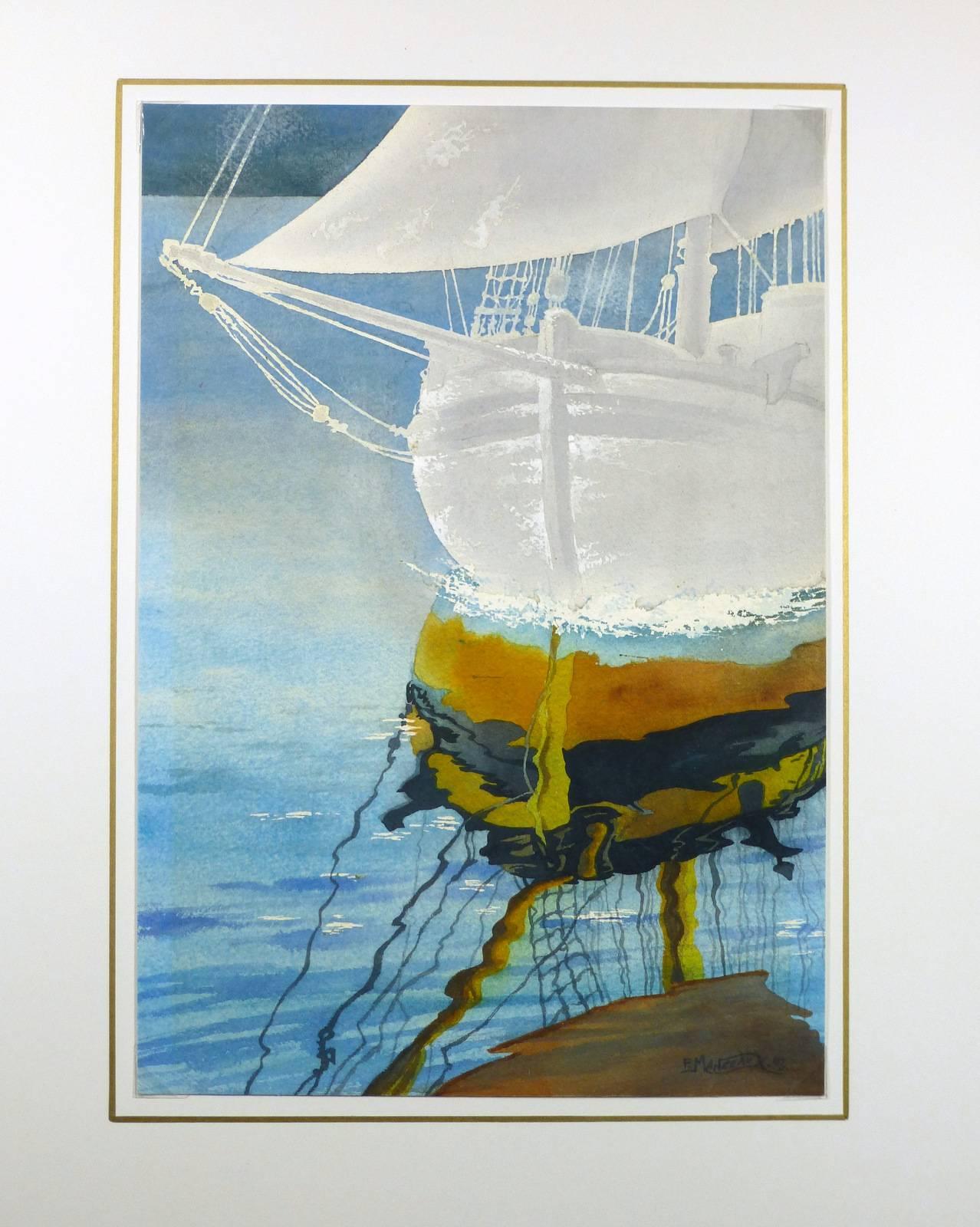 Sailboat Reflection - Blue Landscape Art by Unknown