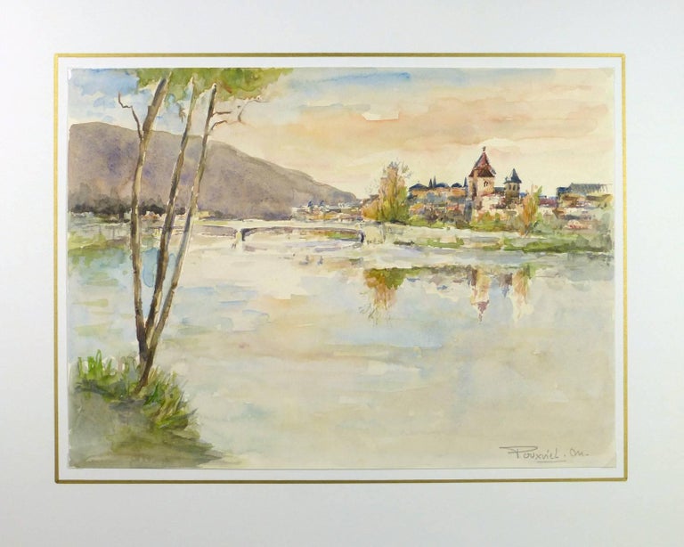 French Riverside Village Watercolor - Beige Landscape Art by Unknown