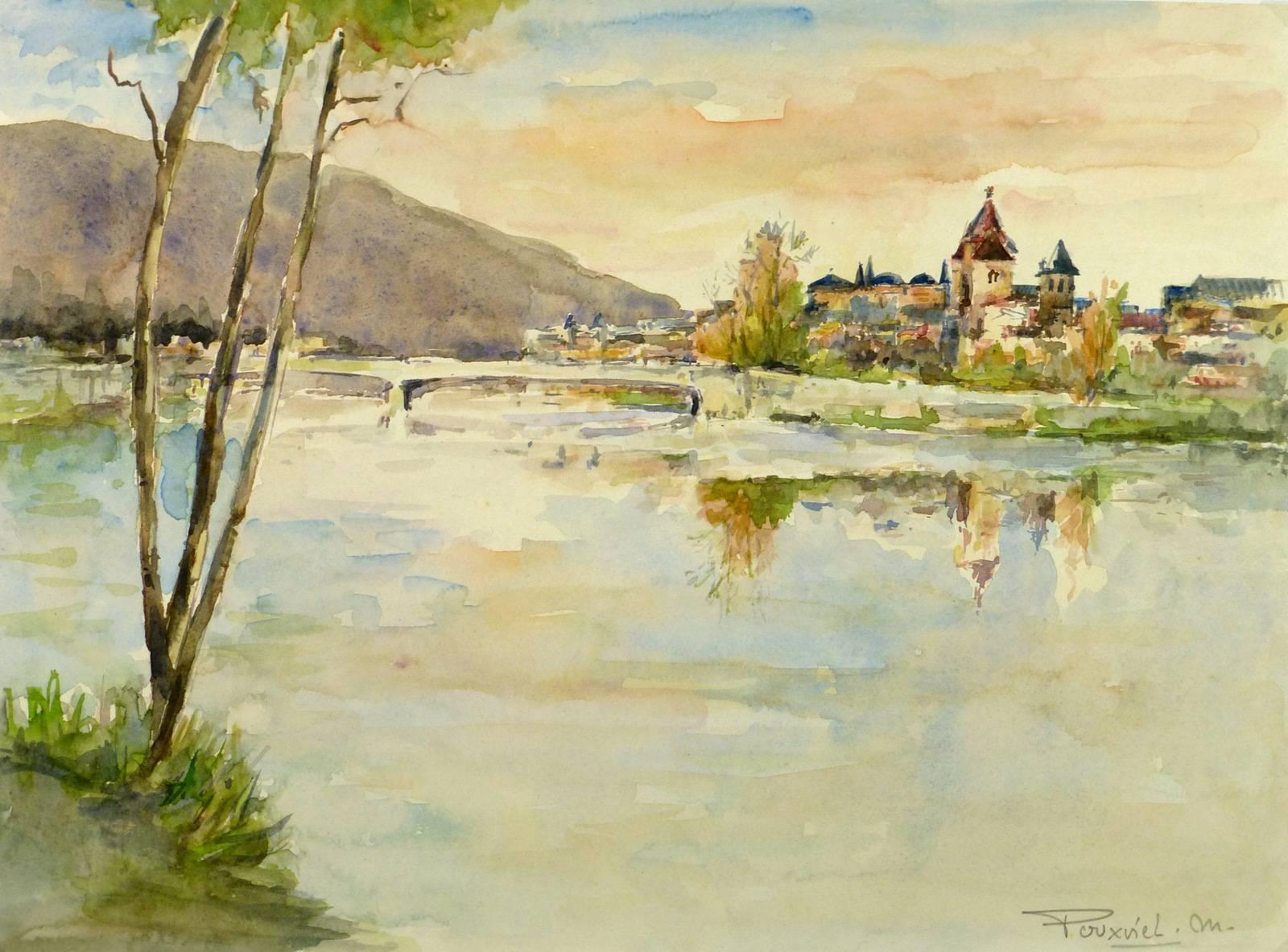 French Riverside Village Watercolor