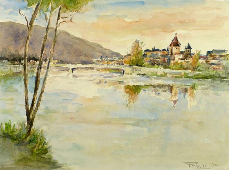 Unknown Landscape Art - French Riverside Village Watercolor