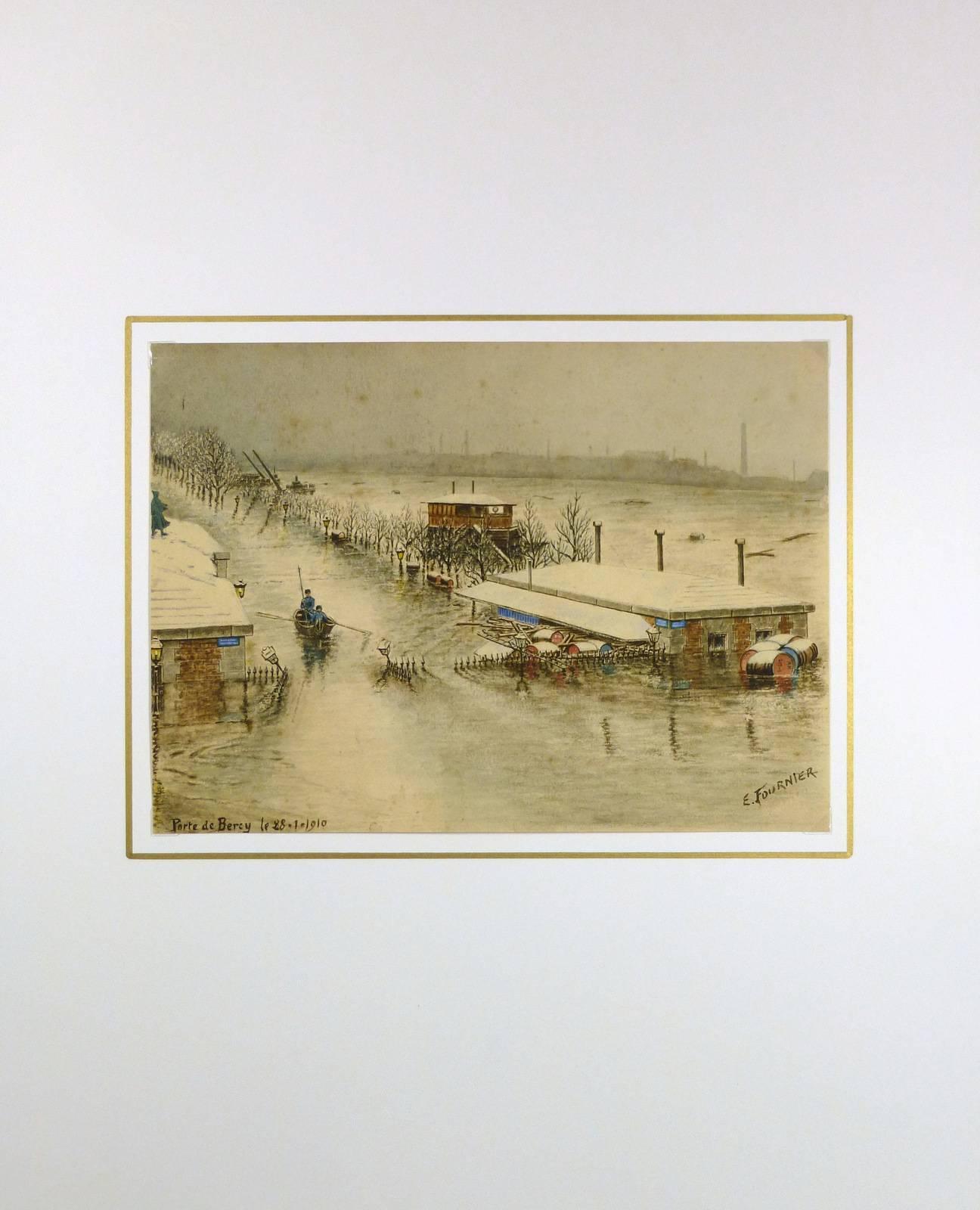Wunderschönes Aquarell der Überschwemmung an der Porte de Bercy in Paris von dem französischen Künstler E. Fournier, 1910. Signiert unten rechts.  

Originalkunstwerk auf Papier auf einem weißen Passepartout mit Goldrand. Die Matte passt in einen