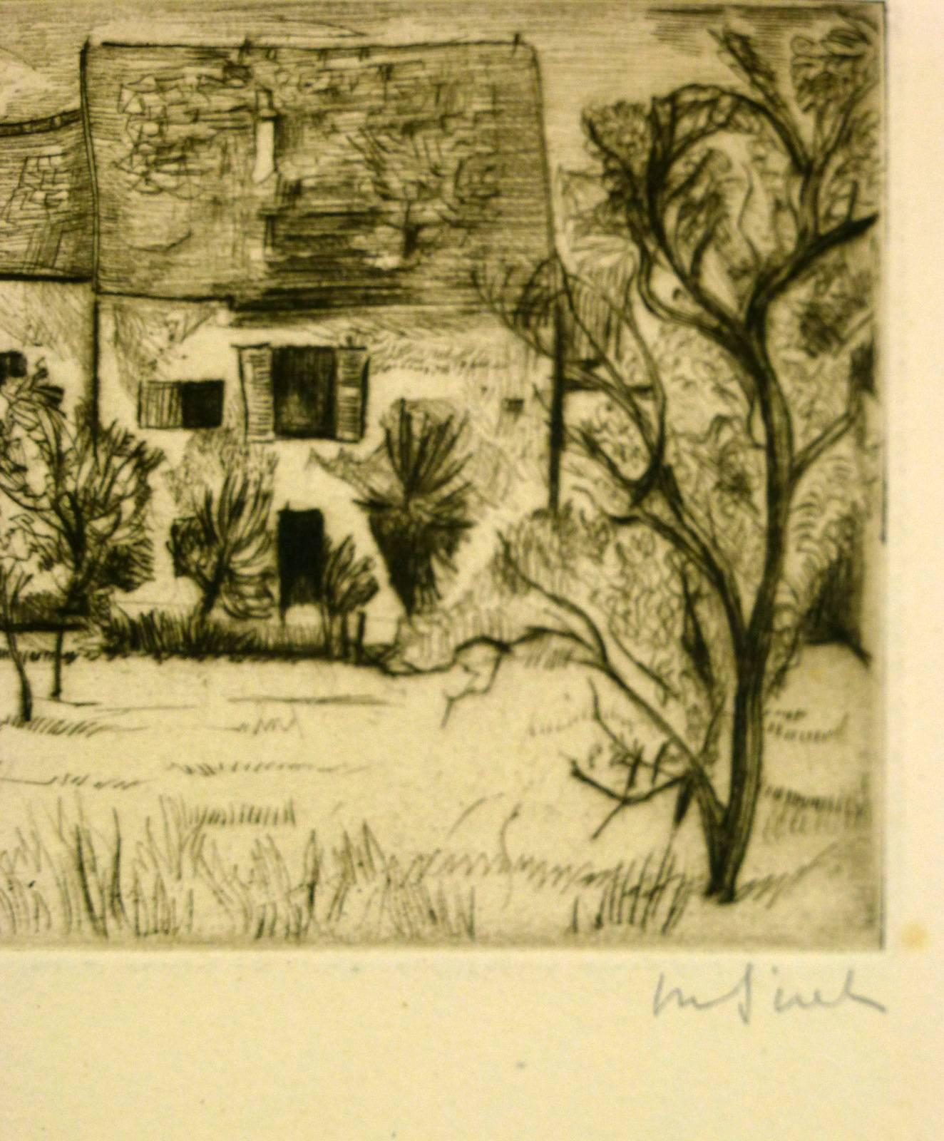 Lovely French etching of country home surrounded by olive trees, circa 1950. Signed lower right. Artist Proof 

Original artwork on paper displayed on a white mat with a gold border. Mat fits a standard-size frame.  Archival plastic sleeve and