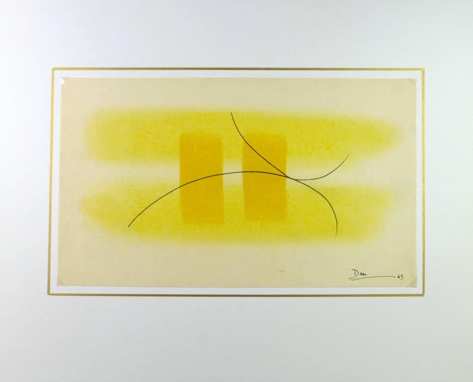 Yellow oil pastel and ink abstract by artist Dan Cambu, 1963. Signed lower right.  

Original artwork on paper displayed on a white mat with a gold border. Mat fits a standard-size frame.  Archival plastic sleeve and Certificate of Authenticity