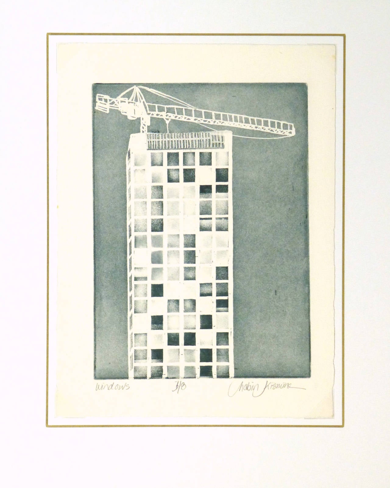 Impactful aquatint etching of a high rise building covered in small windows with a tower crane perched atop by American artist Kismine Varner, circa 1990. Titled 