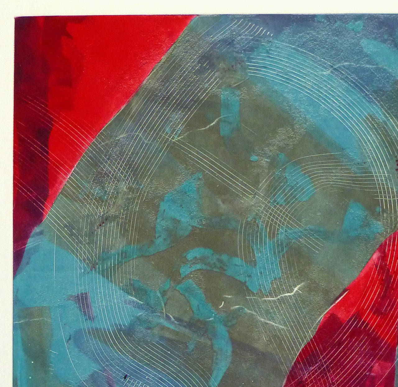Peinture abstraite mixte aux couleurs vives de l'artiste américaine Kismine Varner, 1990. Signé et daté en bas à droite.

Œuvre originale sur papier présentée sur un tapis blanc avec une bordure dorée. Pochette d'archivage en plastique et