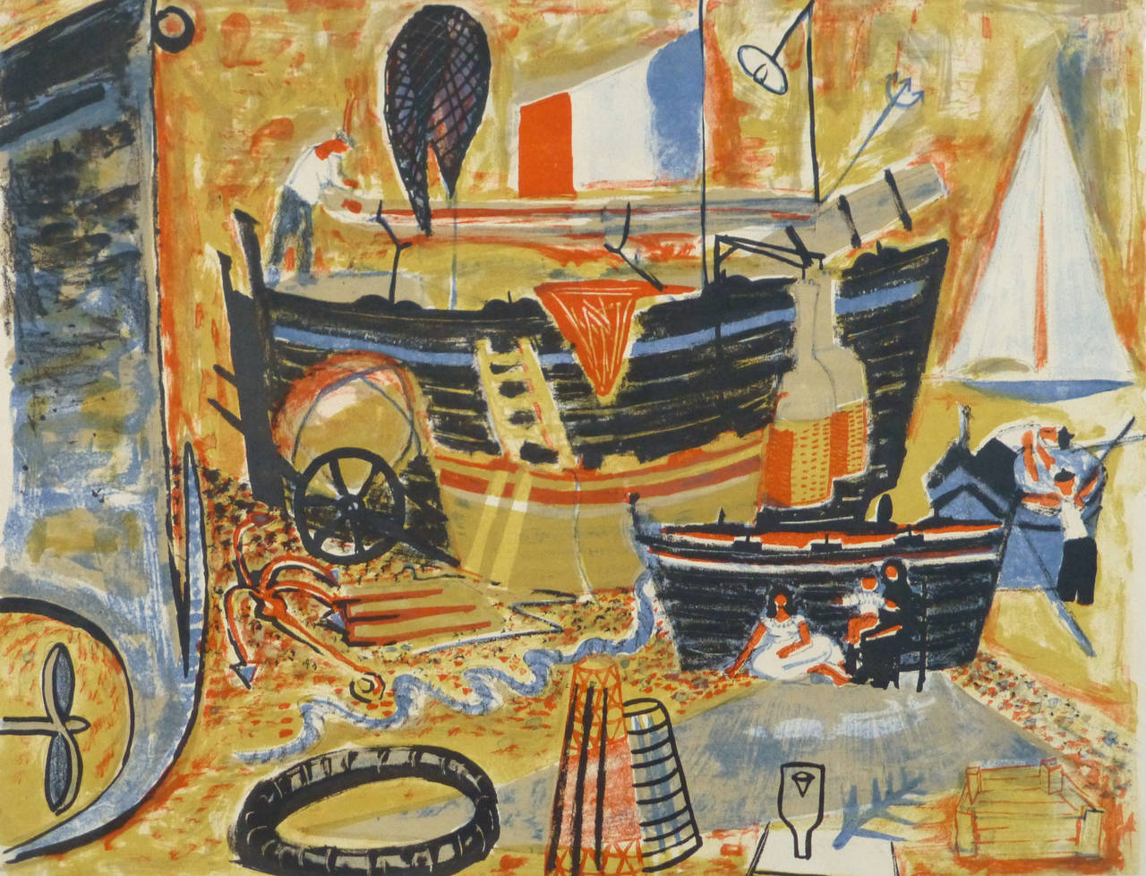 Unknown Landscape Print - Vintage French Lithograph - French Shipyard