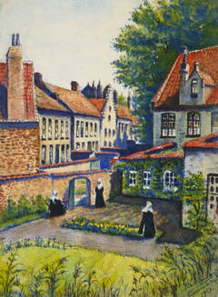Vintage French Landscape Painting - Sisters of the Courtyard