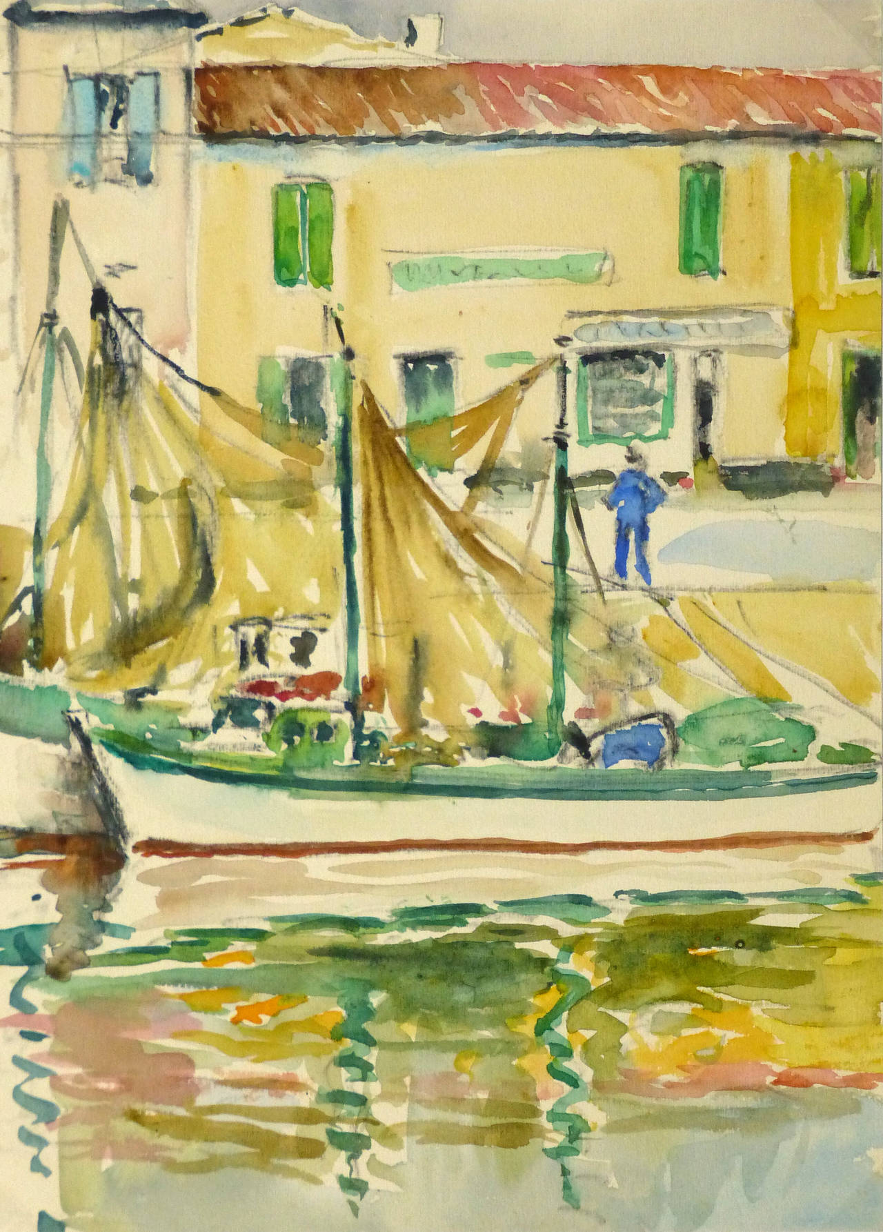 Unknown Landscape Art - Vintage French Watercolor Landscape - Fisherman's Wharf
