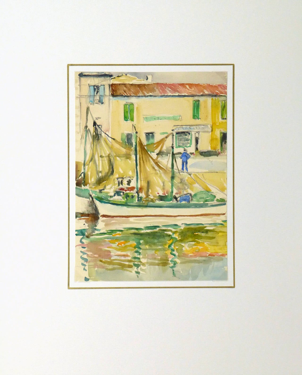 Vintage watercolor painting of docked fishing boats strung with nets in Normandy, France by French artist C. Groux, circa 1940. Unsigned. 

Displayed on a white mat with a gold border and fits a standard-size frame. Archival plastic sleeve and