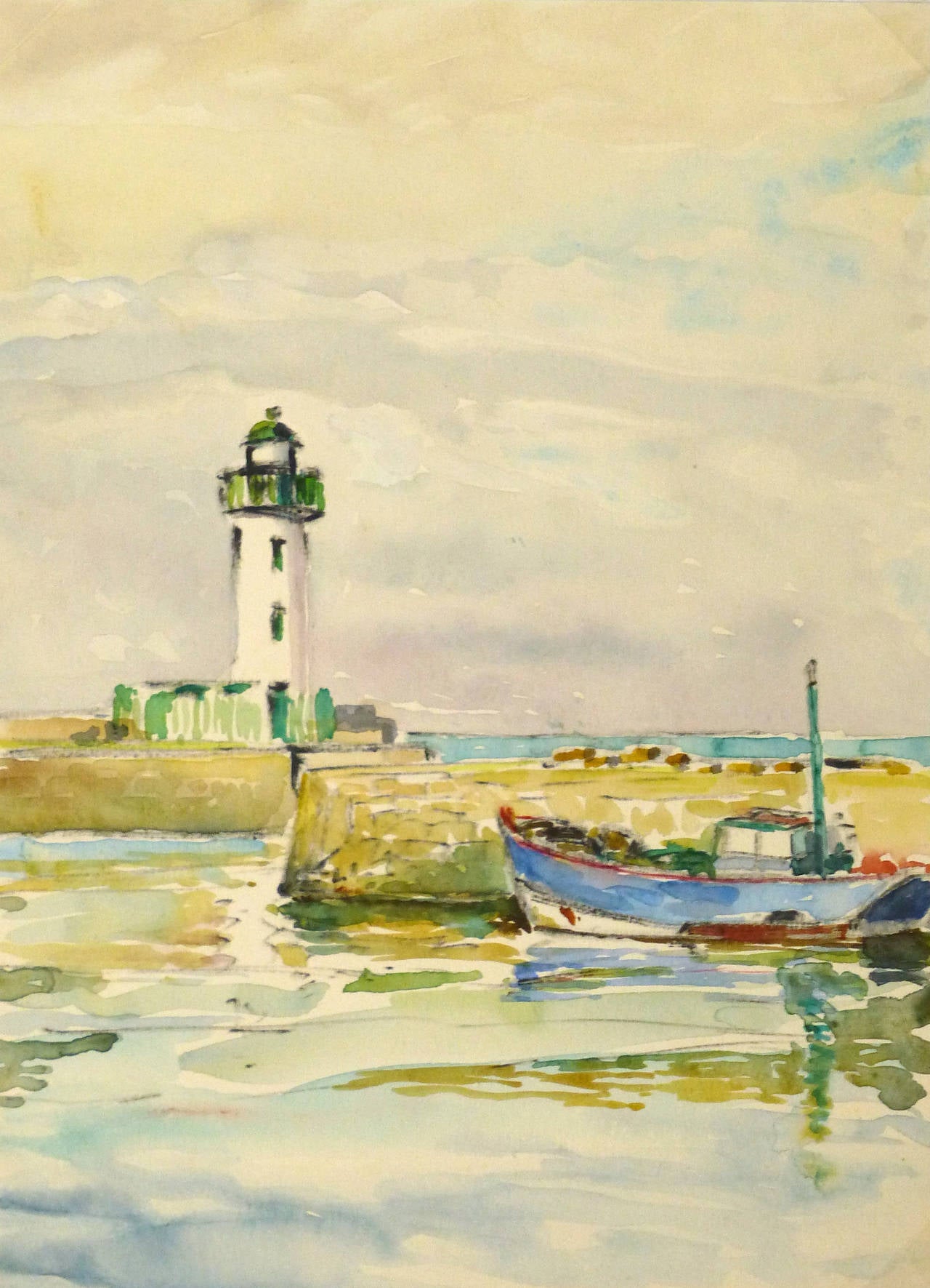 Unknown Landscape Art - Vintage French Watercolor - Normandy Lighthouse