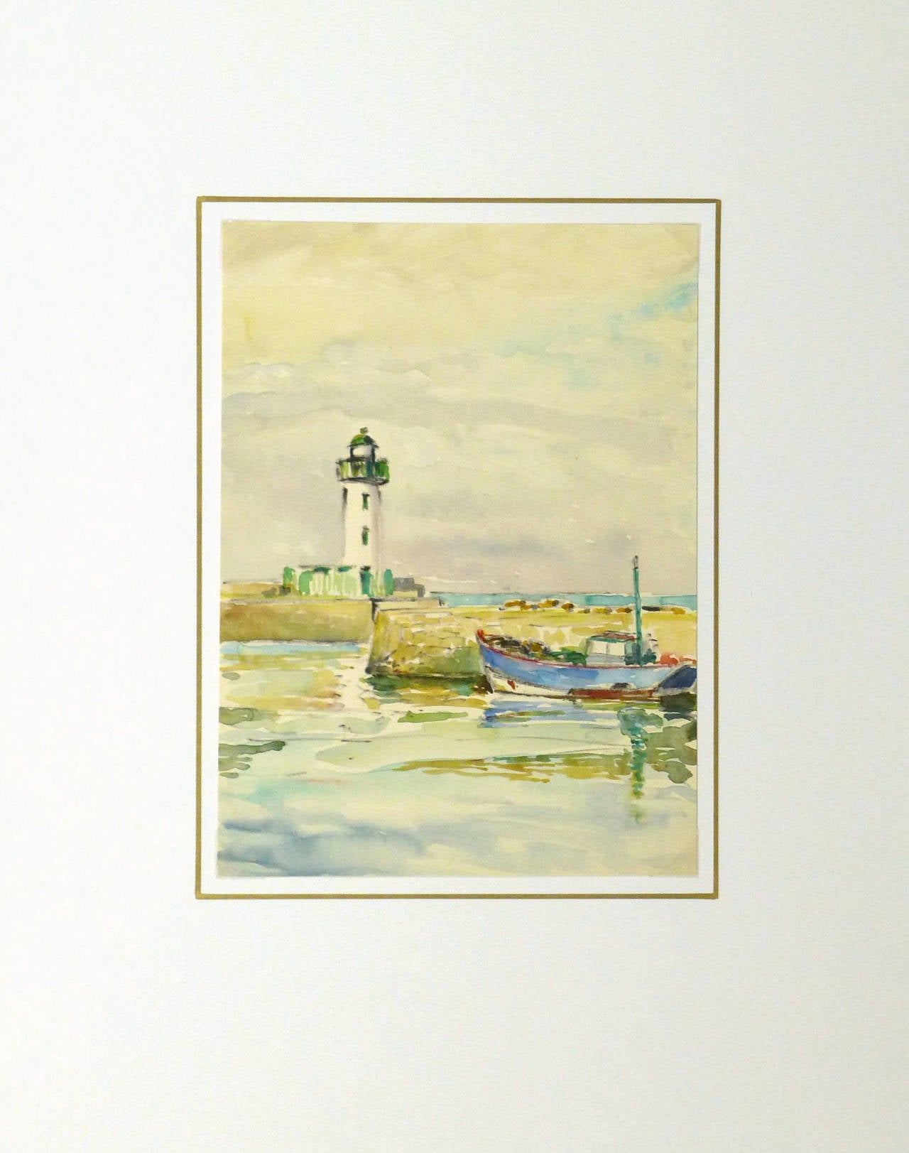 Vintage landscape watercolor painting of Le Tréport lighthouse in Normandy, France by French artist C. Groux, circa 1930. Unsigned. 

Displayed on a white mat with a gold border and fits a standard-size frame. Archival plastic sleeve and