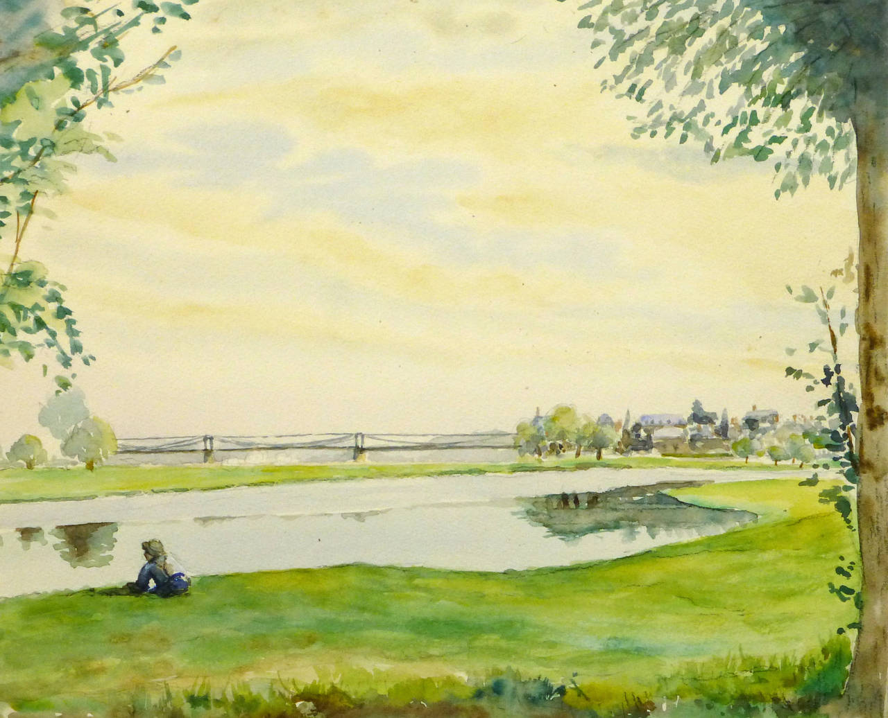 C. Groux Landscape Art - Vintage French Landscape Watercolor Painting
